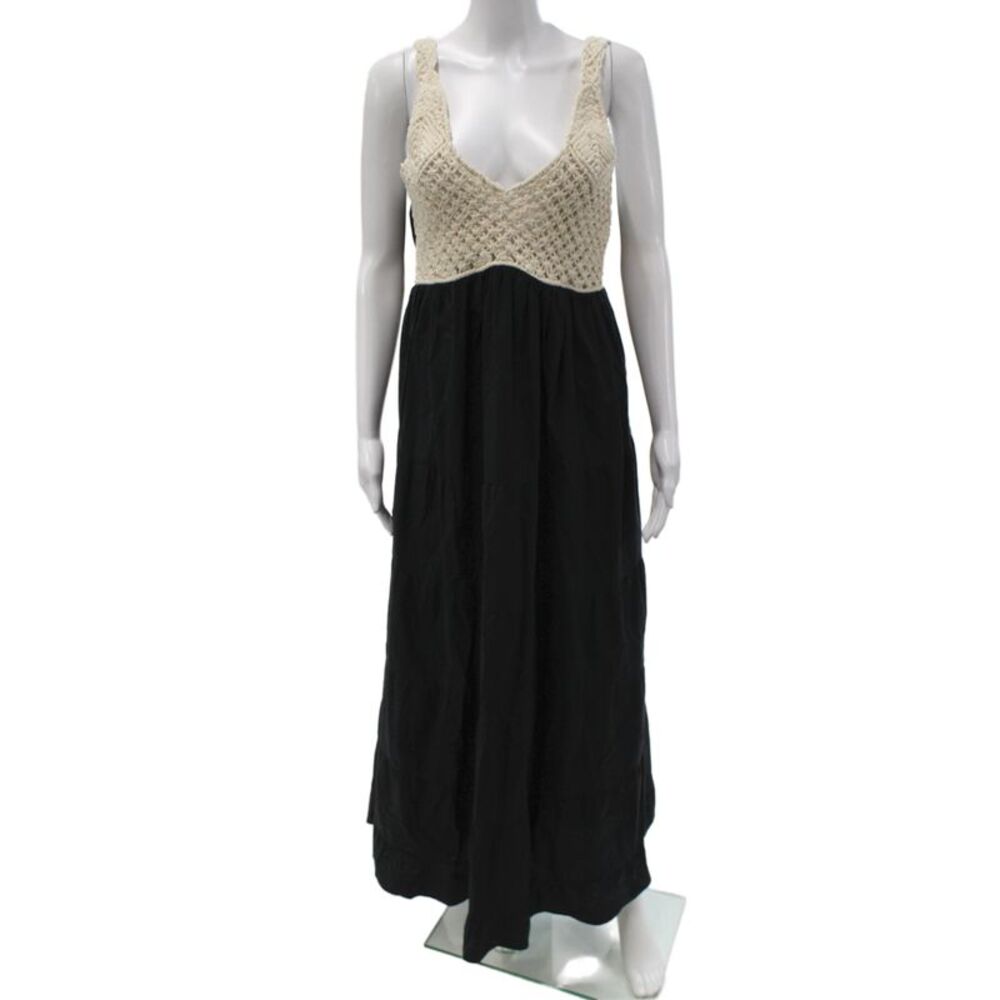Pinko Womens Beige Cotton Maxi Dress V Neck Sleeveless Zip Bohemian Size M